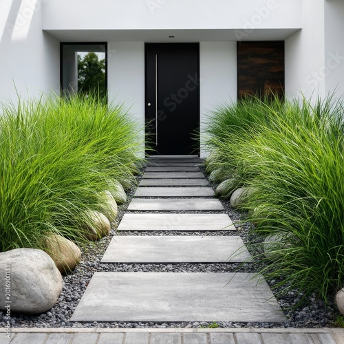 Pathway Leads to Entrance of Modern Home With Green Grass and Stones