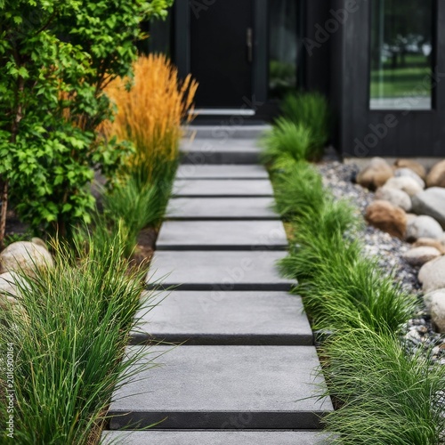 Pathway Leads to Entrance of Modern Home With Green Grass and Stones