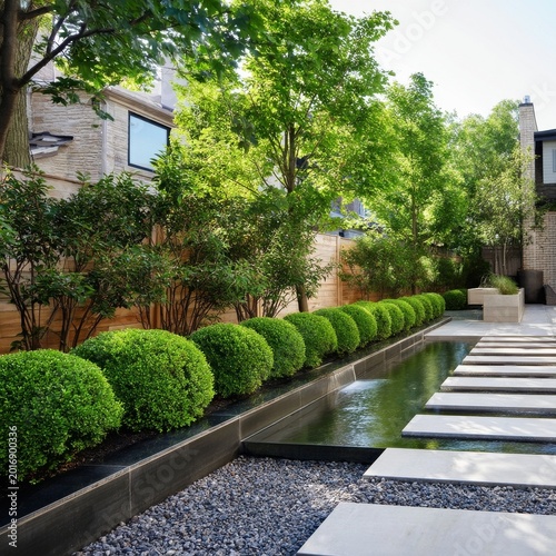 Modern Garden Design With Green Bushes and a Pond at a House on a Sunny Day