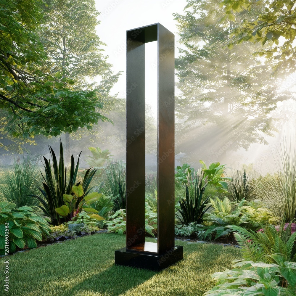Fototapeta premium Tall Sculpture Stands in a Green Park Surrounded by Trees and Plants During Morning Light