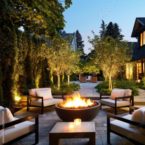 Fire Pit With Chairs in Backyard During Evening Time With Trees and Lights