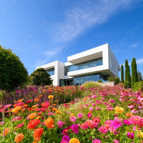 Modern House With Colorful Flowers in Bright Sunlight During Daytime in a Gar...