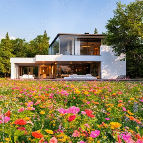 Modern House With Colorful Flowers in Bright Sunlight During Daytime in a Gar...