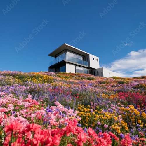 Flowers Cover the Field Near a Modern House on a Sunny Day in the Countryside
