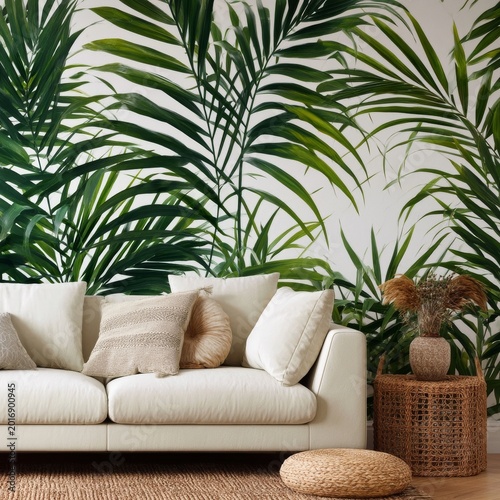 Modern Living Room With Tropical Wall Art and Natural Elements Indoors