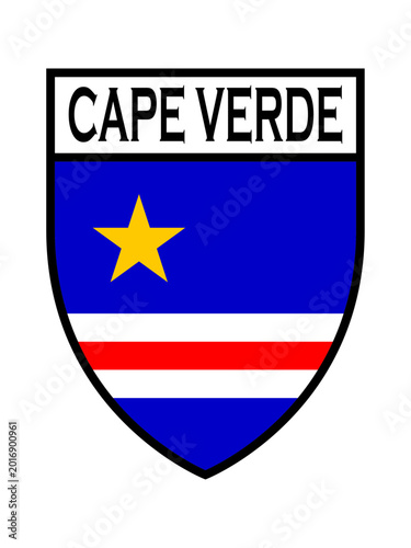 Vector illustration of a shield emblem featuring the national flag colors of Cape Verde with a yellow star and Free Download Vector illustration of a shield emblem featuring the national flag colors of Cape Verde with a yellow star and