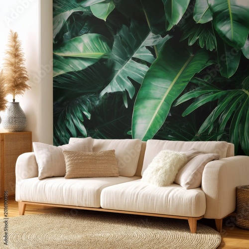 Living Room With Large Green Leaf Mural and Cozy Furniture in a Bright Space