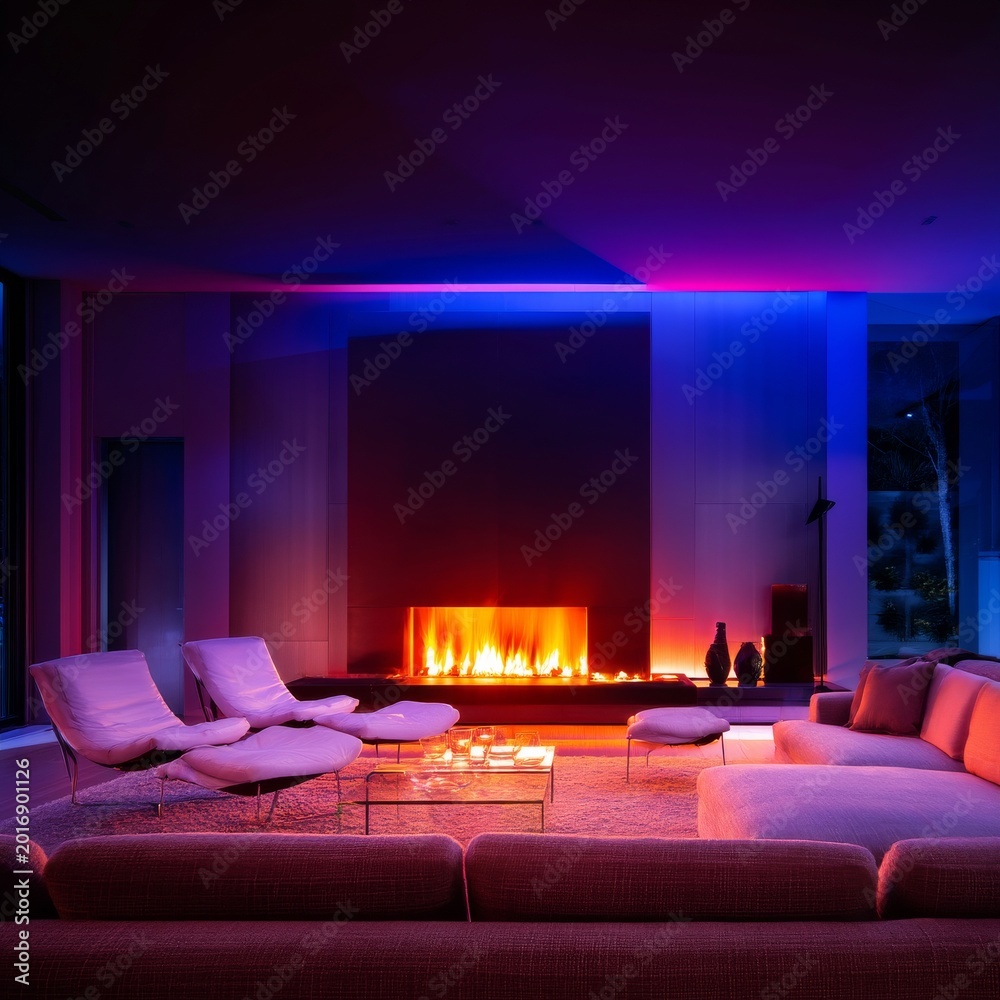 Fototapeta premium Warm Fire Illuminates Modern Living Room With Stylish Furniture and Large Windows at Night