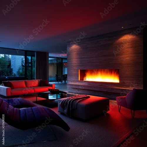 Warm Fire Illuminates Modern Living Room With Stylish Furniture and Large Win...