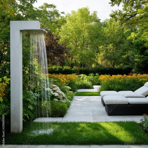 Outdoor Shower Stands in a Garden Surrounded by Green Plants and Trees in Bri...