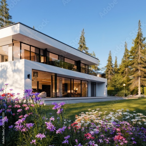 Modern House With Large Windows and Garden in a Sunny Outdoor Setting With Fl...