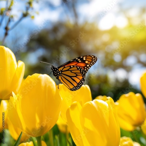 Monarch Butterfly Resting on Yellow Tulips in a Sunny Garden During Springtime