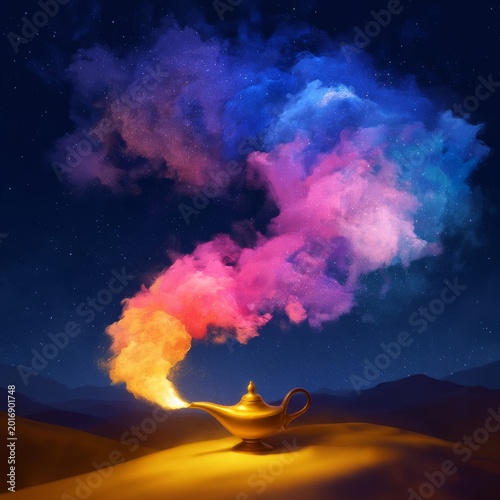 Magic Lamp With Colorful Smoke in the Desert Under the Night Sky