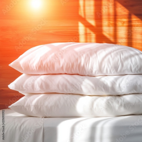 Soft Pillows Stacked on a Bed With Sunlight Streaming Through a Window in a C...