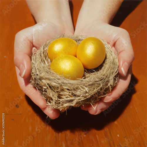 Hands Hold Bird Nest With Three Yellow Eggs on Wooden Table