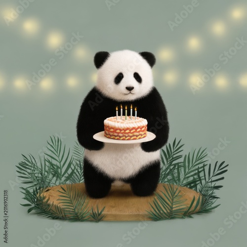 Panda Holds a Birthday Cake With Candles in a Festive Setting at a Celebration