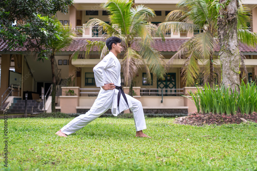 Fototapeta premium Asian Indonesian man practicing karate forward stance outdoors in martial arts training