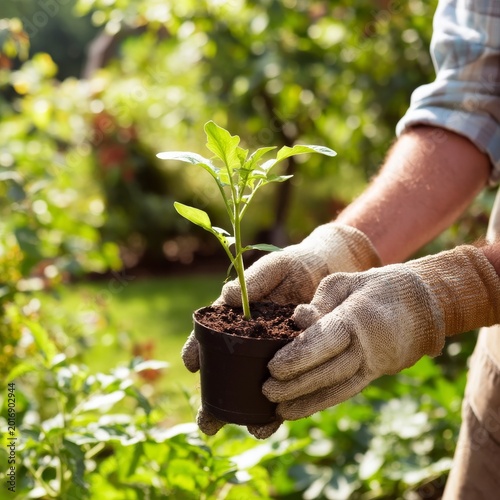 Gardener Plants Small Flower in Garden Soil on a Sunny Day While Surrounded b...