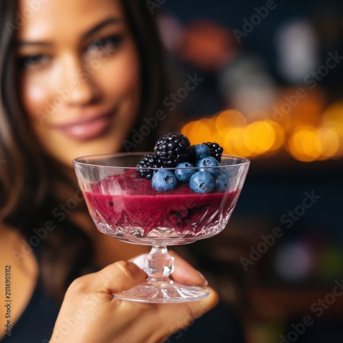 Woman Holds Dessert With Berries in a Glass Bowl at a Cafe During Evening Hou...