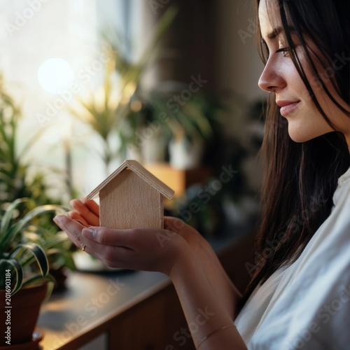 Woman Holding a Small House Model in a Bright Room Filled With Plants