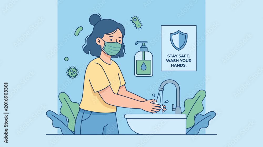 Obraz premium Woman washing hands with soap and wearing face mask.