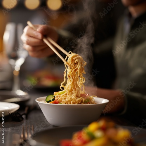 Enjoying a Bowl of Hot Noodles With Chopsticks in a Restaurant During Dinner ...