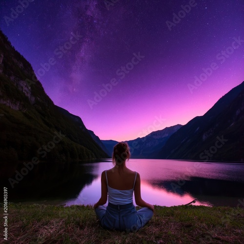 Sunset Meditation by the Lake With Starry Sky and Mountains in the Background