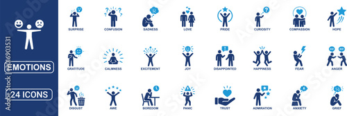 Quadro su tela Emotions Solid Icon Set Featuring Happiness, Sadness, Anger, Fear, Love, Anxiety