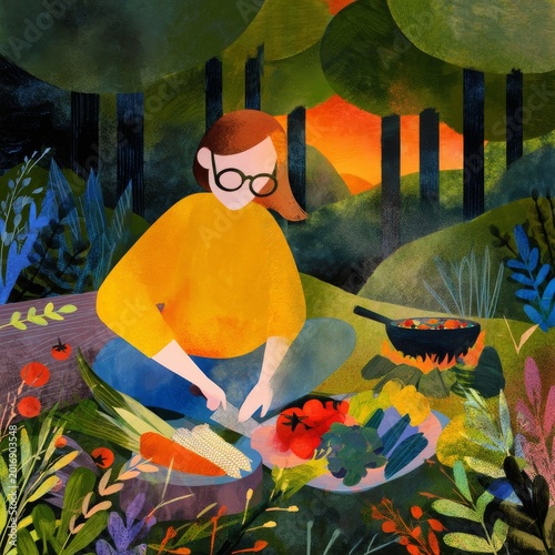 Person Cuts Vegetables in a Green Field While Cooking With Sunset in the Back...