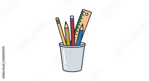 Bild auf Leinwand Colorful pencils and ruler in cup.