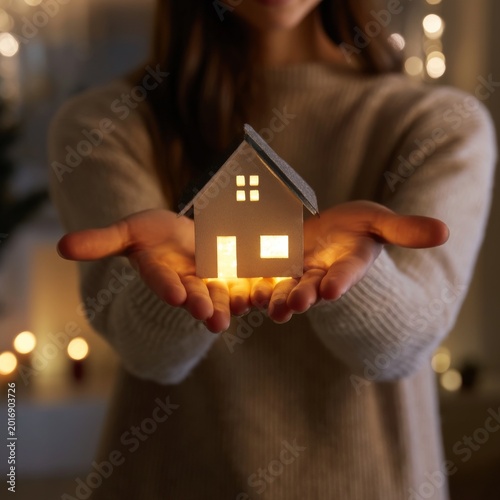 Small House Model Held in Hands With Warm Light in a Cozy Indoor Setting Duri...