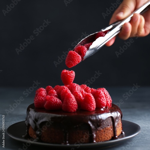Chocolate Cake Topped With Fresh Raspberries in a Kitchen Setting During a De...