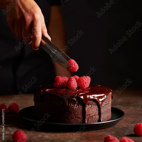 Chocolate Cake Topped With Fresh Raspberries in a Kitchen Setting During a De...