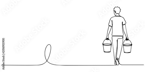 Bild auf Leinwand Continuous line drawing of a boy carrying two buckets while walking, back view,