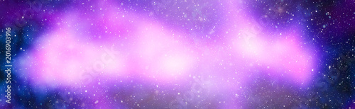 Panoramic abstract space background featuring a bright glowing pink and purple nebula cloud with blue edges, scattered stars and floating light particles, dreamy cosmic atmosphere