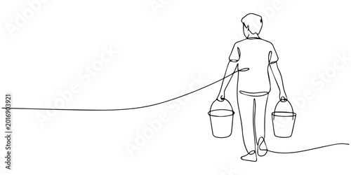 Obraz na płótnie Continuous line drawing of a boy carrying two buckets while walking, back view,
