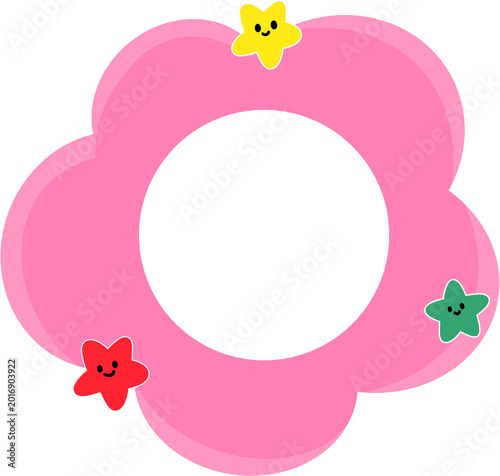Cute Pink Flower Frame with Smiling Stars Isolated on Transparent Background