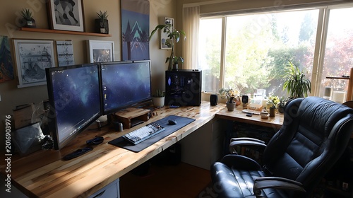A home office with dual screens and modern desk setup