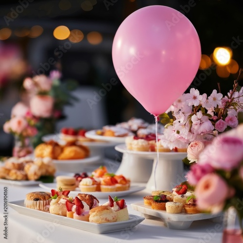 Table With Desserts and Pink Balloon at a Garden Party in the Evening