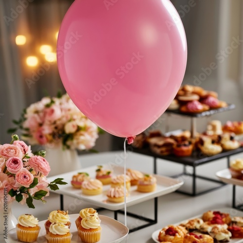 Table With Desserts and Pink Balloon at a Garden Party in the Evening