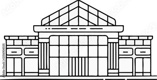 Minimalist outline illustration of a modern shopping mall building featuring clean black lines on a plain white background surface