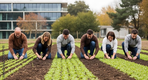 Six adults kneeling and planting green seedlings in outdoor garden rows
