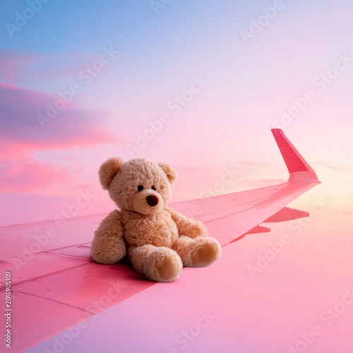 Teddy Bear Sits on the Wing of an Airplane During Sunset