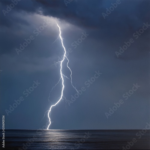 Lightning Strikes the Ocean During a Stormy Evening Near the Shoreline