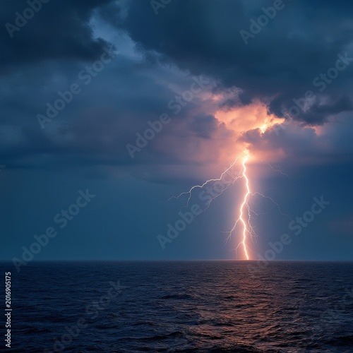 Lightning Strikes Over the Ocean on a Dark, Stormy Night With Clouds and Wave...