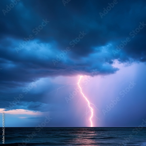 Lightning Strikes Over the Ocean During a Stormy Evening Sky With Dark Clouds