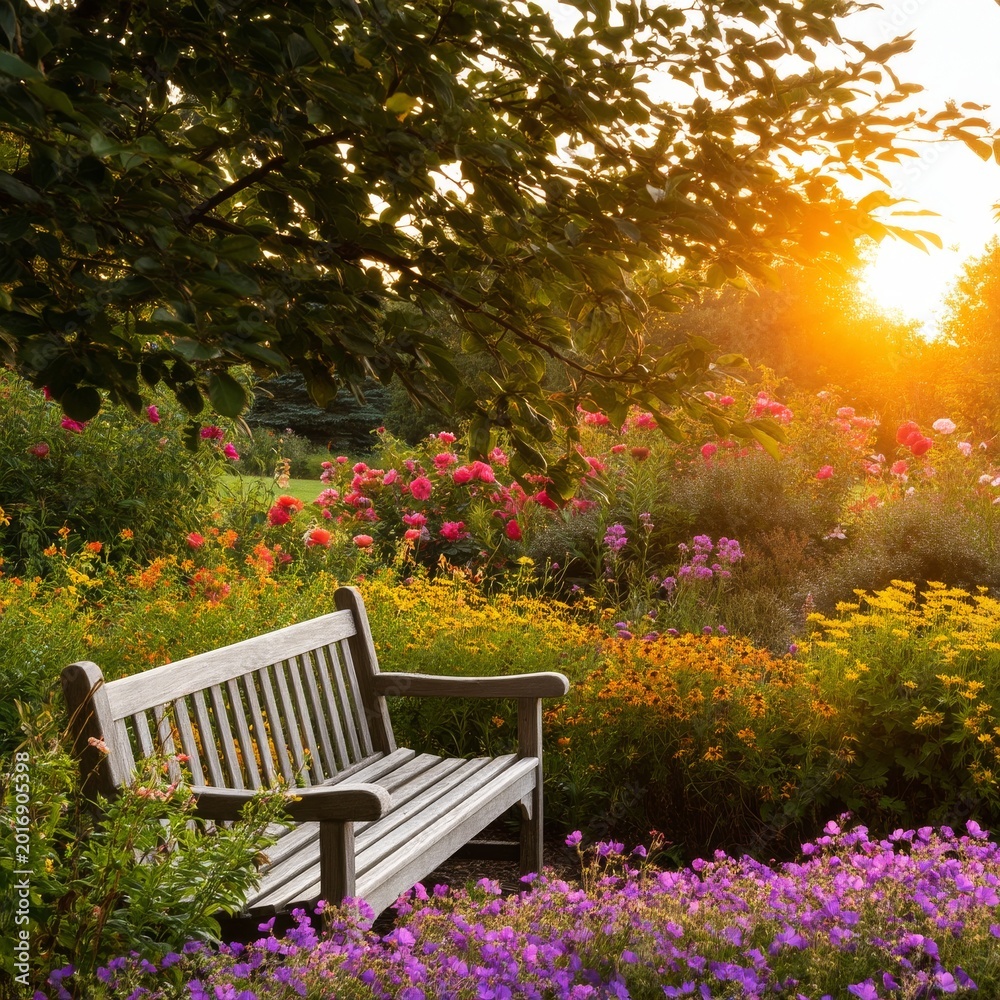 Obraz premium Bright Garden With Flowers and a Bench During Sunset in a Peaceful Location