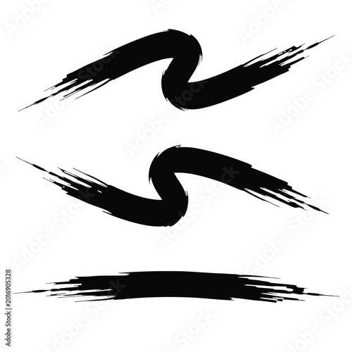Canvas-taulu Three black ink brush strokes with textured bristle edges isolated on a white ba