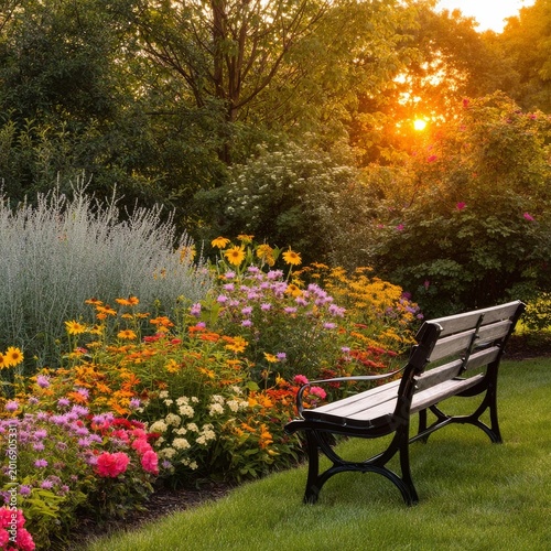 Sunset in Garden With Flowers and Empty Bench Near Blooming Plants