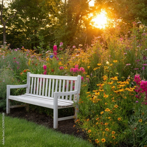 Sunset in Garden With Flowers and Empty Bench Near Blooming Plants